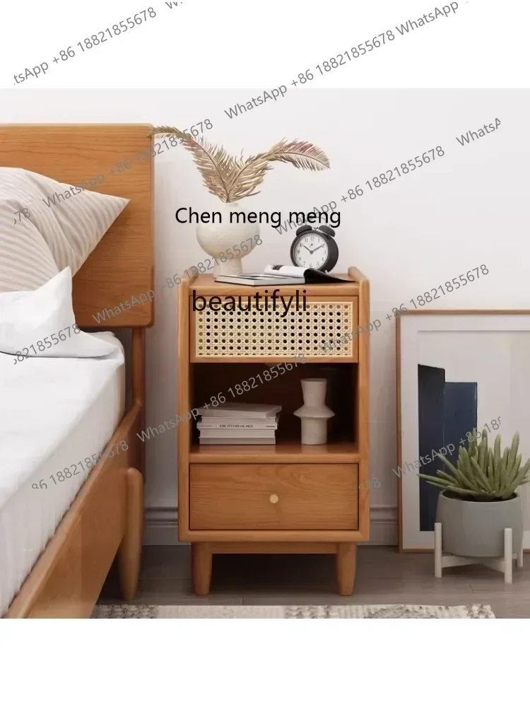 Nordic Solid Wood Bedside Cabinet Small Apartment Simple Rattan Bedroom Locker Cherrywood Bedside Cabinet Storage Cabinet