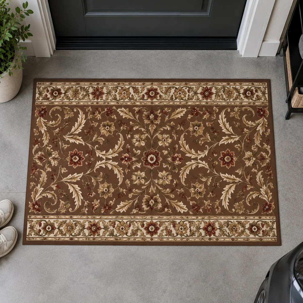 VIKAMA Floor Carpet Ochre Brown Scroll Floral Trellis Modern Foldable Home Office Study Sitting Room Fireplace Home Decoration