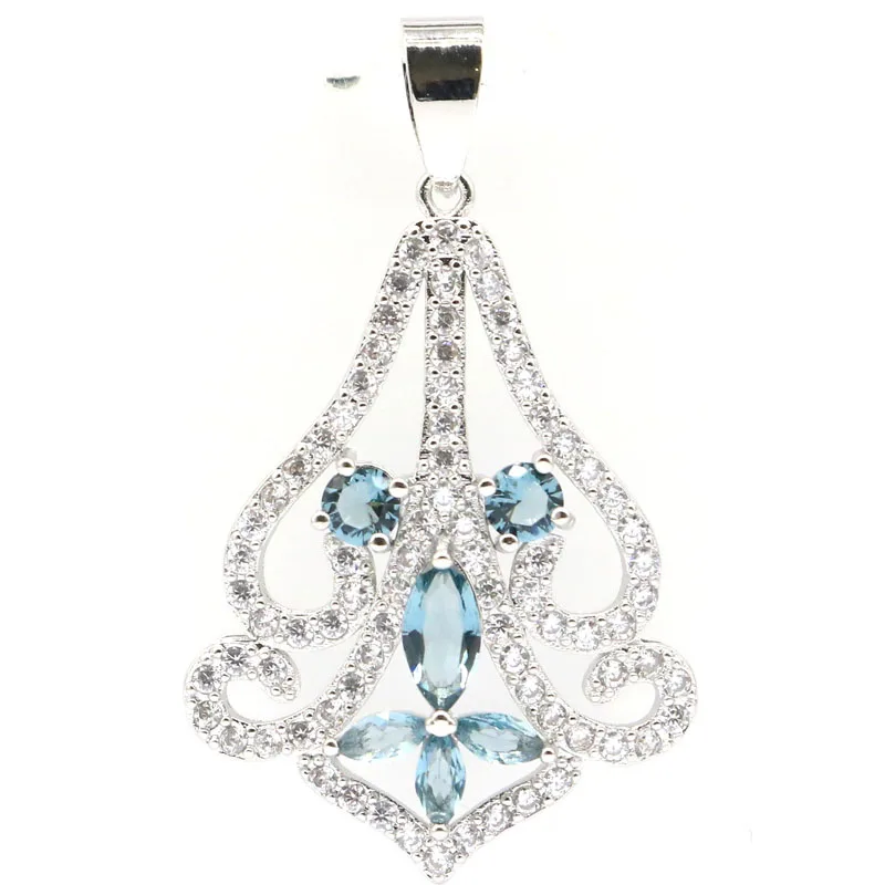 Buy 4 Get 1 Free 43x26mm Delicate Fine Cut London Blue Topaz Rich Blue Aquamarine White CZ Ladies Party Silver Pendant