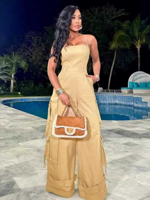 

Sexy Strapl Multi-ket Workwear Jumpsuit Wide Leg Cross-Border Women's Faion 2024 New Arrival One-Piece Suit