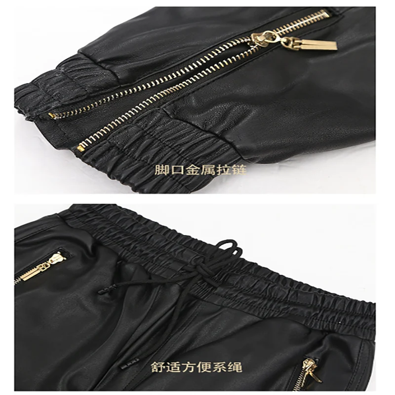 Black Harlan Leather Pants for Men, Korean Version of The Casual Fashion Slim Pilot Motorcycle Biker Tide Riding Leather Pants
