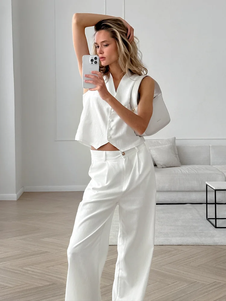 WZEDSS White Elegant Cotton Pants Sets Two Pieces Women Linen Blazers Tops And Wide Legs Pants Summer 2024 Office Ladies