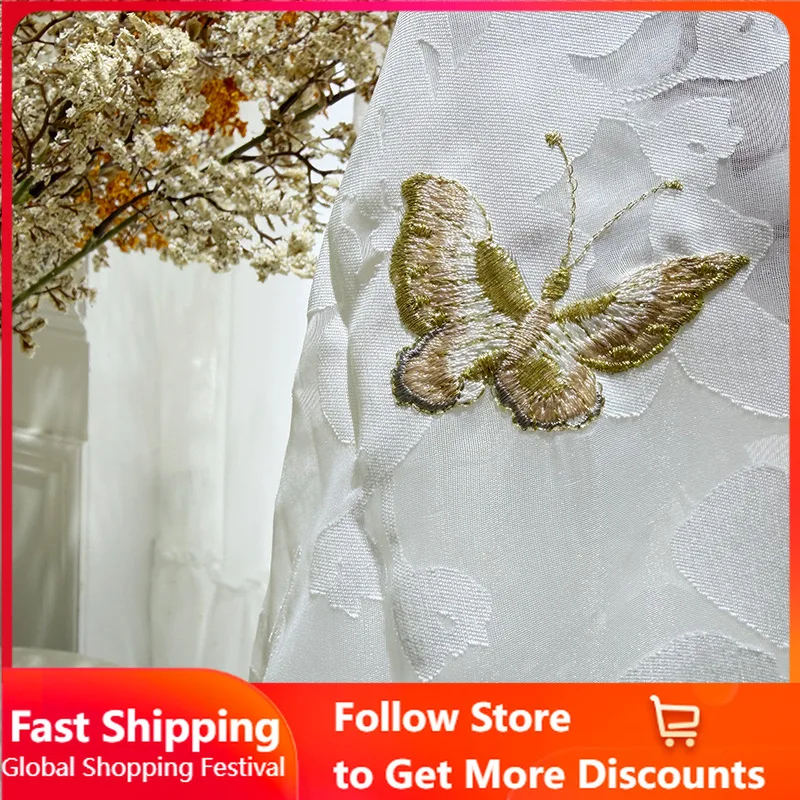 Custom Size French Romantic Atmosphere Light Luxury Gold Embroidered Butterfly Gauze Curtain for Living Dining Room Bedroom Door