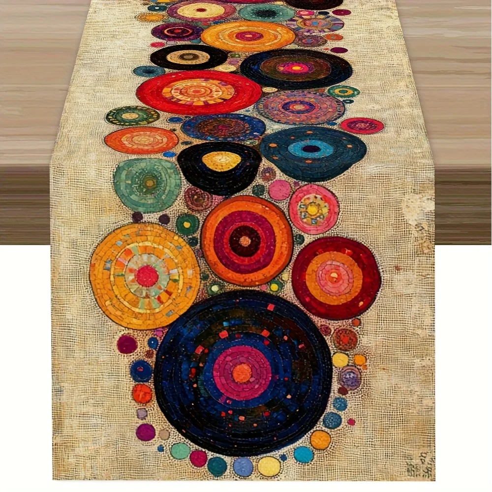 Boho Colorful Circle Art Table Runner, Gustav Klimt Inspired Abstract Geometric Table Runner, Linen Texture Tablecloth for Dinin