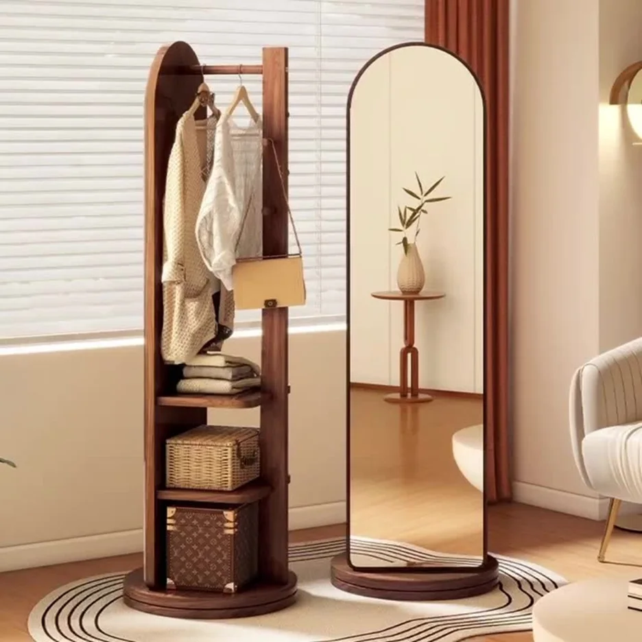 Full-Length Mirror with Coat Rack, Rotating Floor Mirror, Home Bedroom Dressing Mirror, Fitting Mirror, Multi-Function Mirror