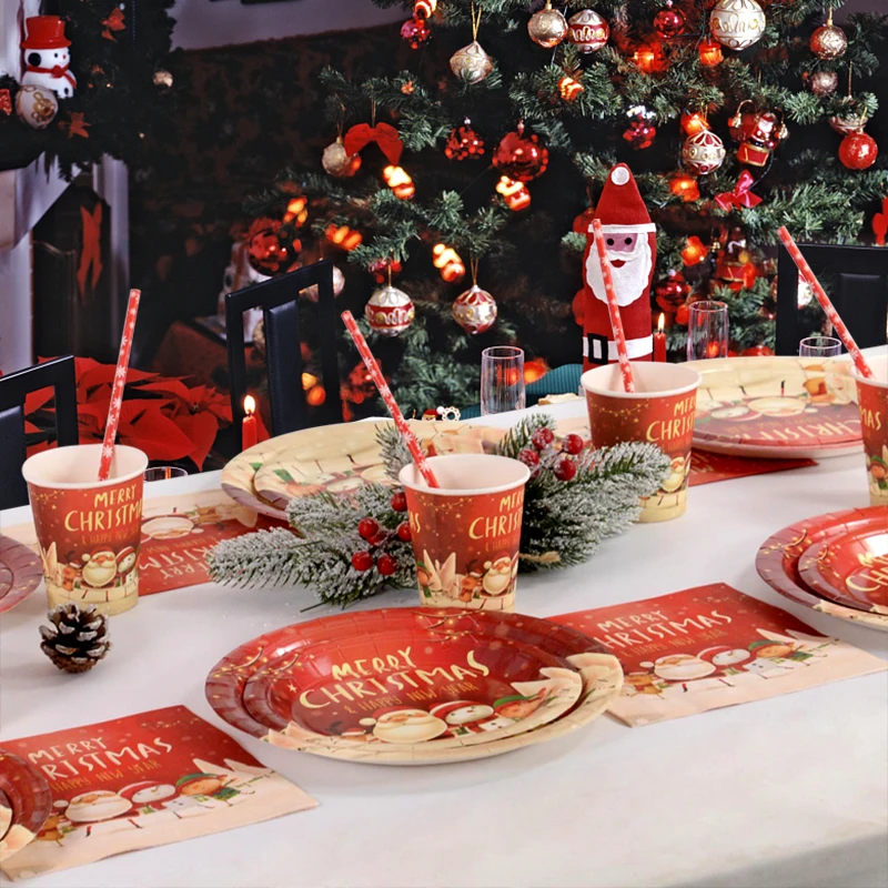 عيد الميلاد موضوع أدوات المائدة القابل للتصرف سانتا كلوز نمط مجموعة أدوات المائدة ورقة كأس لوحة المناديل عيد الميلاد أدوات المائدة المنزلية الديكور #5
