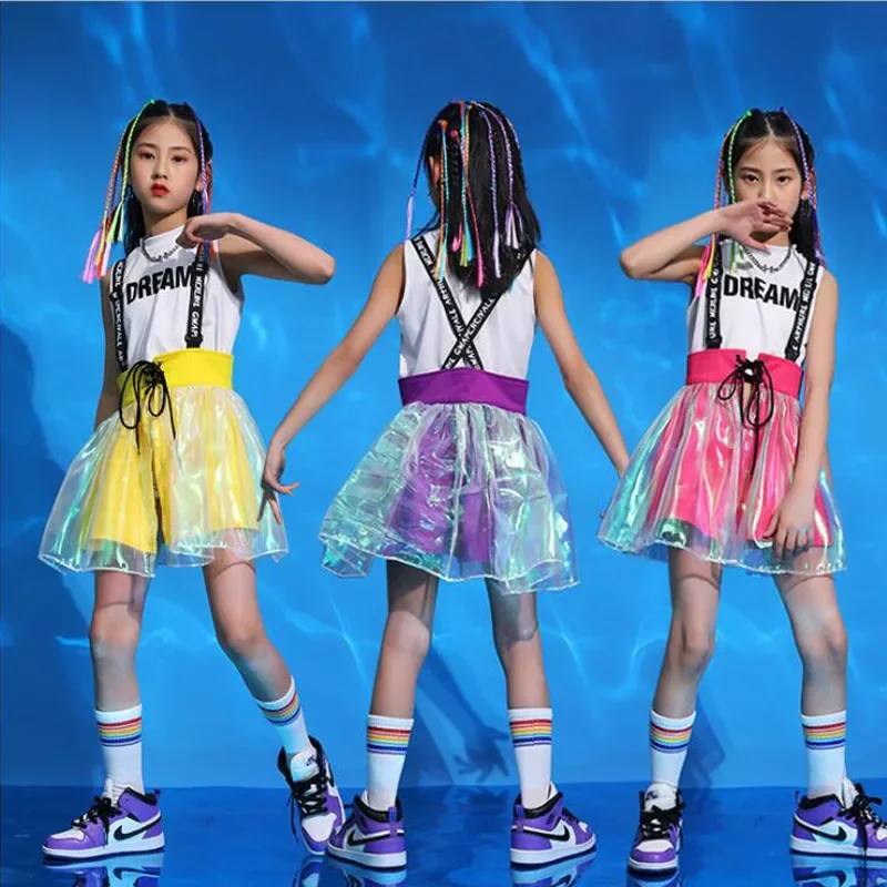 Meninas Jazz Dance Costumes, Roupas Hip Hop, Roupa de Cheerleading Performance, Street Dancing Dress Suit, Kids Modern Stage Wear