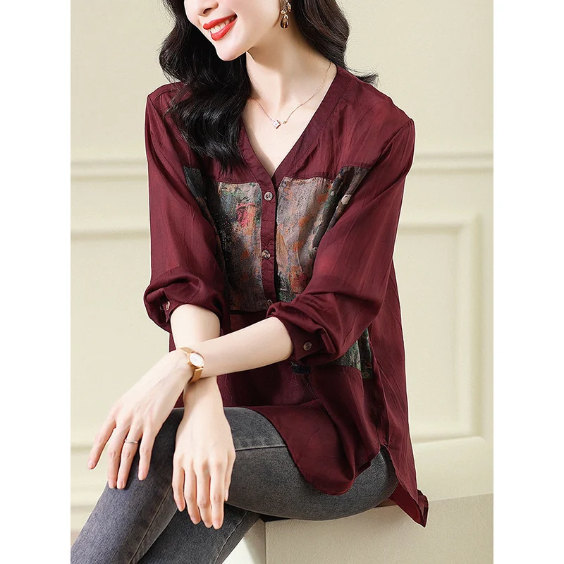 Fashion V-Neck Printed Spliced Diamonds Blouses Women\'s Clothing 2023 Autumn Winter Oversized Commuter Tops Asymmetrical Shirts