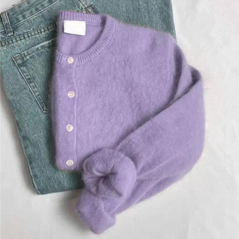 Mohair Knitted Cardigan Vintage Women Autumn Outwear Sweater Coat Loose Knitted Sweater Elegant Long Sleeve Tops J884