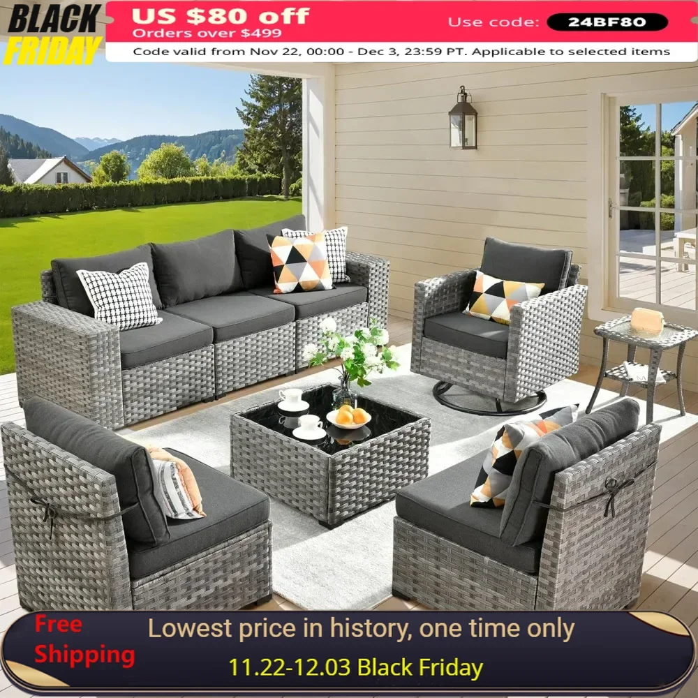 

Patio Furniture Set, Sofa with Swivel Rocking Chairs, Wide Arms and Deep Seat, 8 Pieces Wicker Rattan Outdoor Sectional Sofa