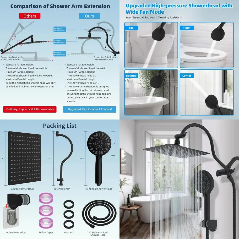 

10-Inch Rainfall Shower Head Combo with 71-Inch Hose, Matte Black Finish