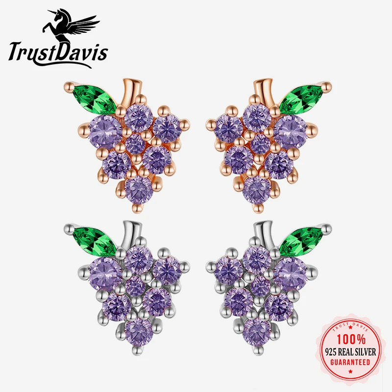 TrustDavis Real 925 Sterling Silver Vintage Purple Grape Screw Stud Earrings for Women Young Daughter Birthday Party Gift DS4630