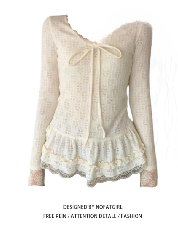 

Женская утягивающая футболка больших размеров с кружевом и длинным рукавом, базовая модель с узлом для многослойного ношения, в корейском стиле, для повседневной носки