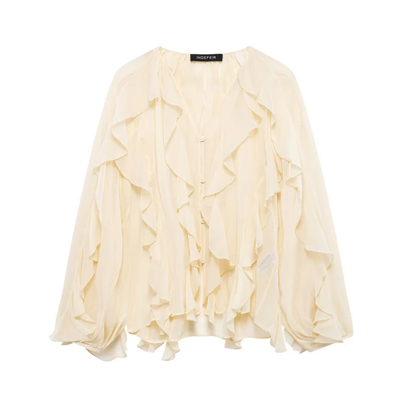 New Arrival Layered Decorative Shirt For Spring Loose-Fit Casual Single-Breasted Blouse Fashion Women's V-Neck Solid Color Top