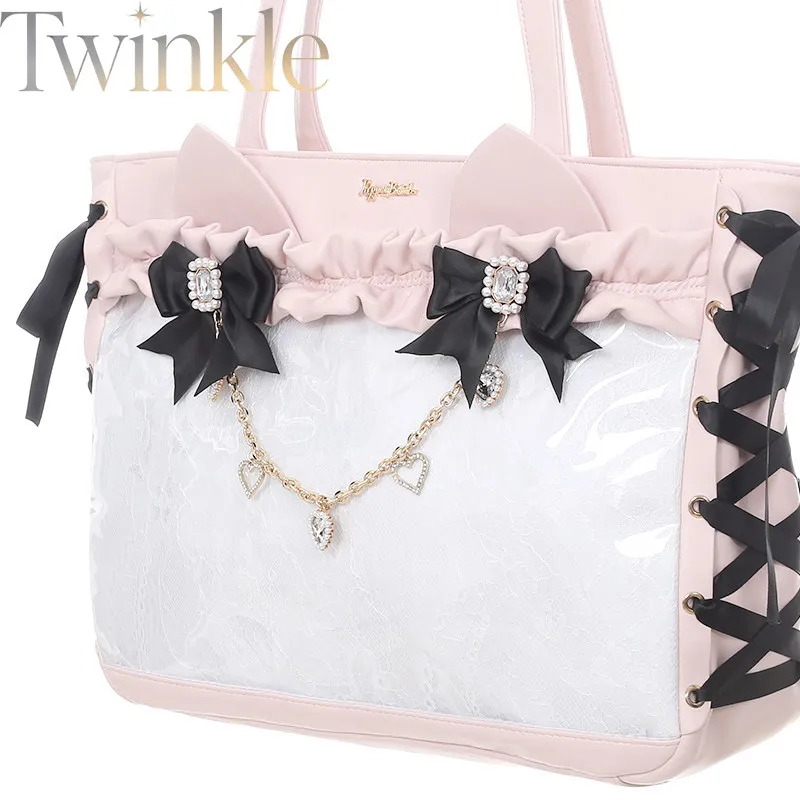 Jirai Kei Lolita Handbag Pink and  Black Lace Cross Big Bow Ita Bag Cute Girl Kawaii Tote Japanese Sweet Gift