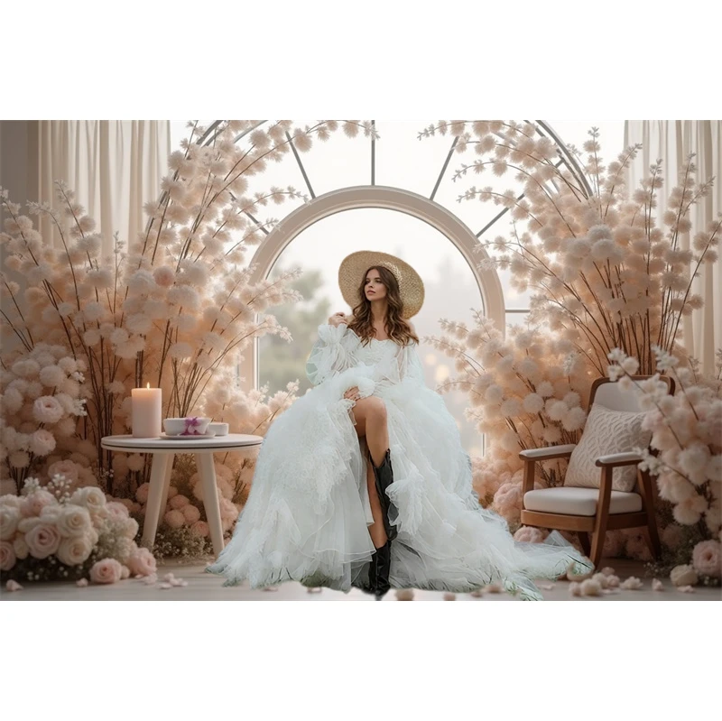 MOON.QG Flower Curtain Arch Door Frame Photography Backdrop Floral Drapes Wedding Birthday Photozone Background Pink White Walls