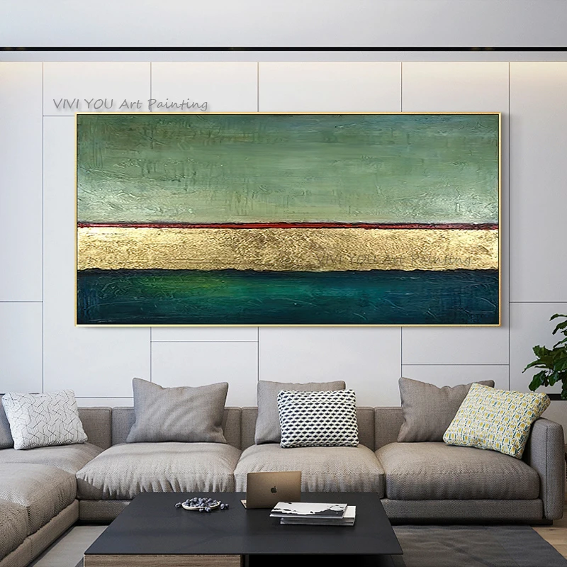 Handpainted Metallic Golden Strip Horizon Abstract Oil Painting Horizontal Canvas Picture for Farmhouse Entryway Calm Wall Decor