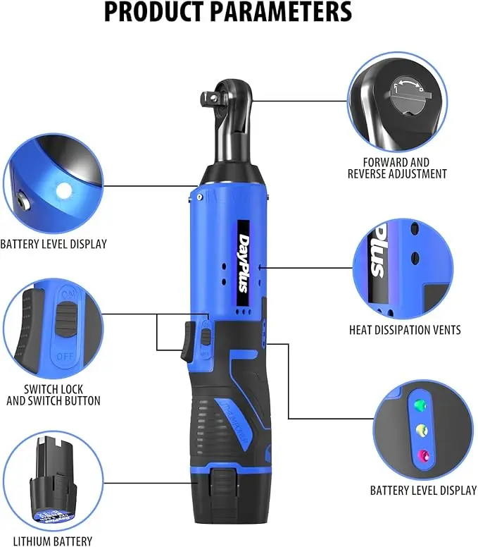 12V Cordless Electric Ratchet Kit with 2 packs of 1500mAh Li-Ion batteries, 7 sockets and charger, LED light