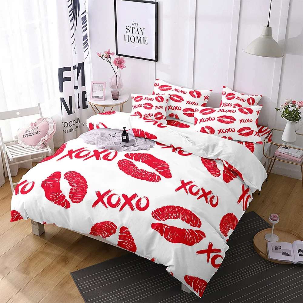 

3PCS Single-sided Red Lips Printed Comforter Bedding Sets Comfortable Bedspreads Comforter Duvet King Bedding Birthday Gift