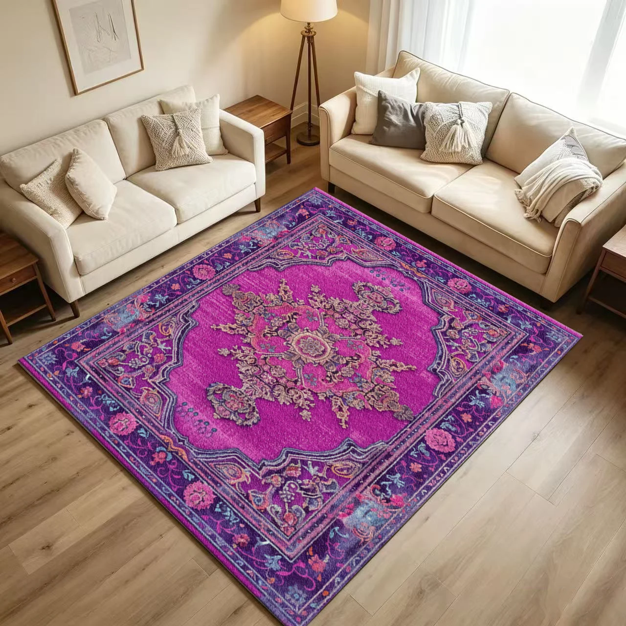 Bright Pink Distressed Persian Area Rug Non Slip Washable Boho Vintage Living Room Carpet