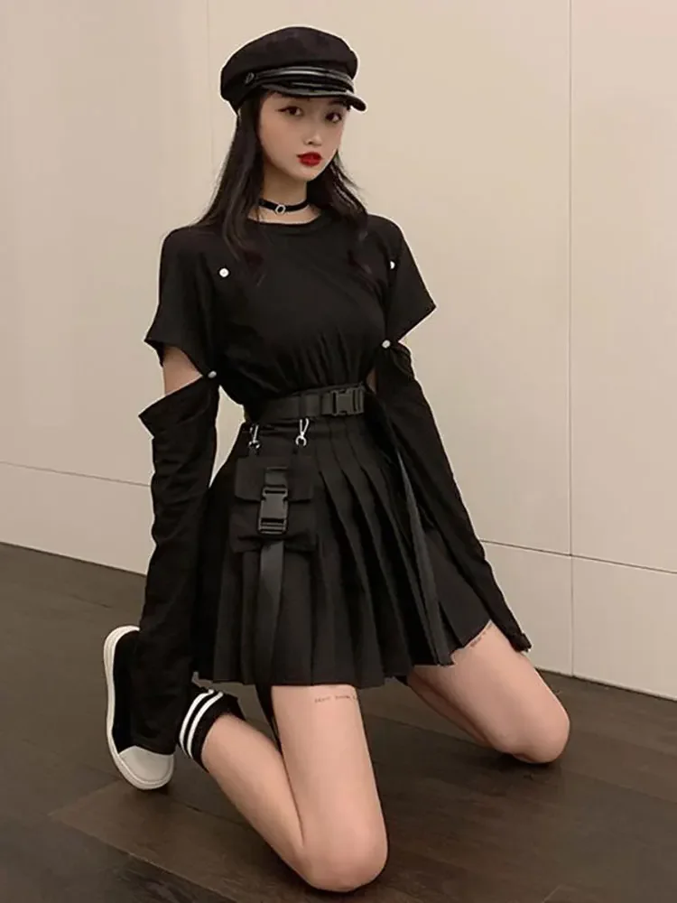 Harajuku Skirt Women Oversized Korean Dark Punk Style High Waist  A-Line Pleated Skirt Girl 2024 Summer Trend