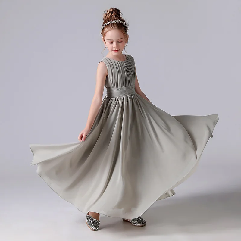 

Chiffon Flower Girl Dresses with Sash A Line Floor Length Sleeveless Pleats O Neckline Formal Party Wdding Prom Gowns Simple