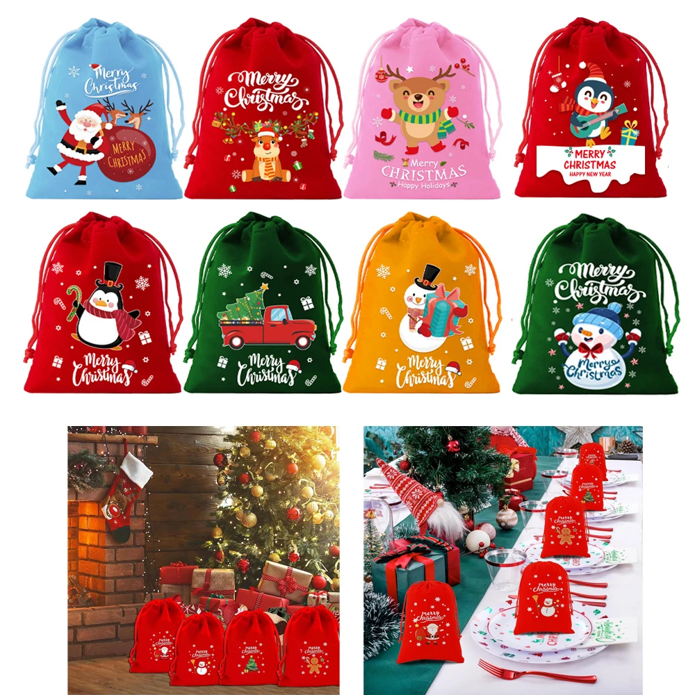 

1/6/30pcs Christmas Velvet Drawstring Candy Gift Bag Small Wrapping Bag for Present Party Biscuit Jewelry Pouch New Year Storage