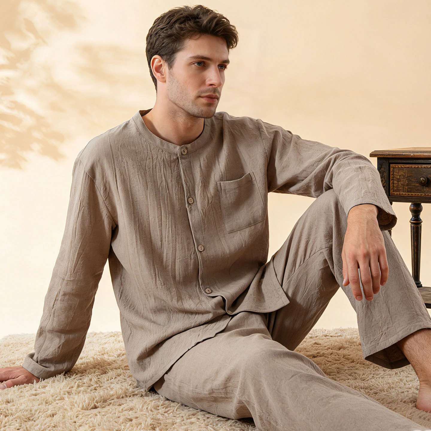 

Men's 100% Pure Cotton Soft Lightweight Pajama Set Breathable Loose Fit Japanese Style Loungewear Simple Home Wear With Pocket