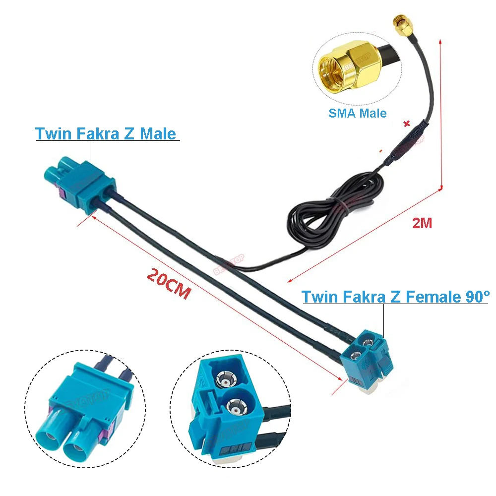 BEVOTOP Twin Fakra Z to Fakra SMA Splitter cables With Diode Custom-made RF Coaxial Cable Junper