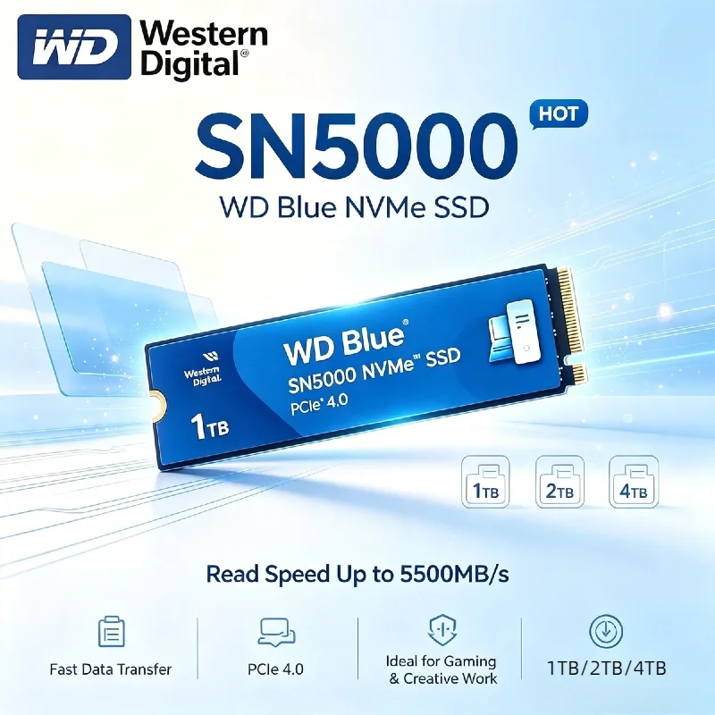 Unidade de Estado Sólido Interna WD Blue SN5000 M.2 2280 NVMe PCIe Gen 4.0 1TB 2TB Western Digital SSD Disco Rígido para Laptop e Desktop