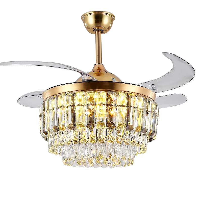 Gold Luxury Crystal Ceiling Fans With Light Invisible ABS Blades 42 Inch 48 Inch Restaurant Bedroom Remote Control Ceiling Lamps