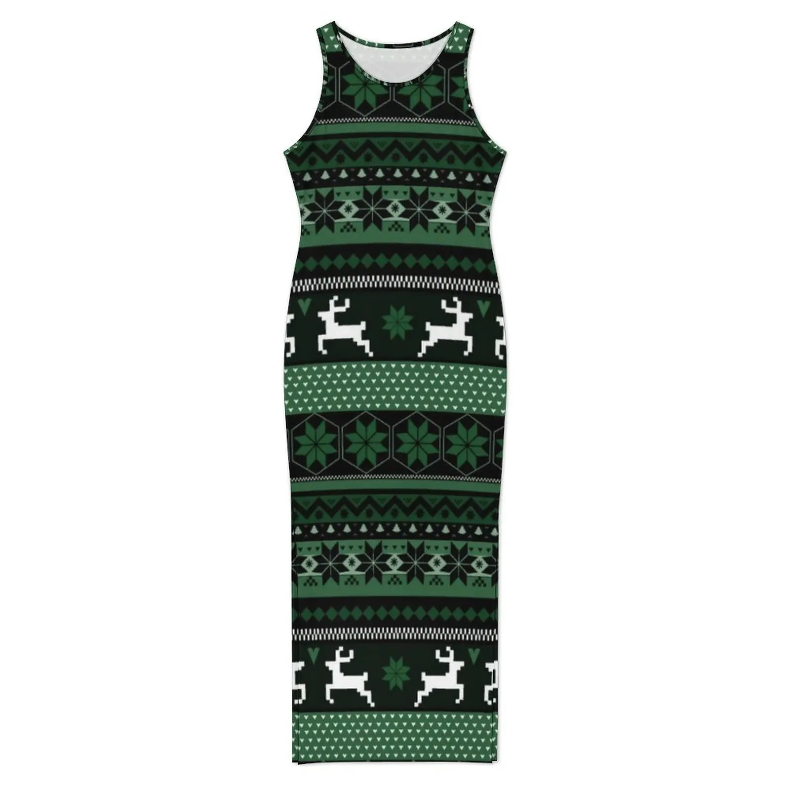 ผู้หญิงชุดเข้ารูปชุดลําลองนอร์ดิกคริสต์มาสพิมพ์ชุด Maxi วันหยุดสีเขียว Fair Isle แขนกุด Y2K แฟชั่นชุดขนาดใหญ่