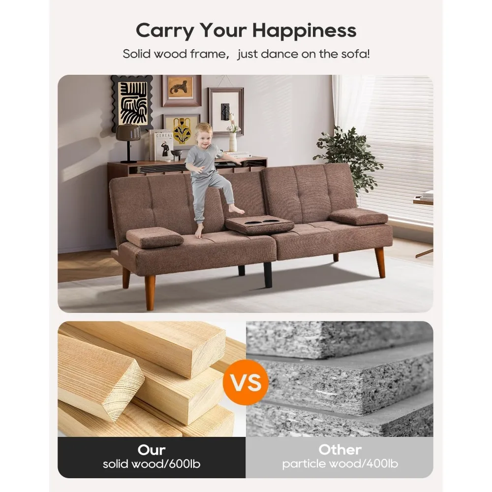 Sofá cama convertible de tela de 65 pulgadas con portavasos dobles, patas de madera, cómodo sofá cama para sala de estar