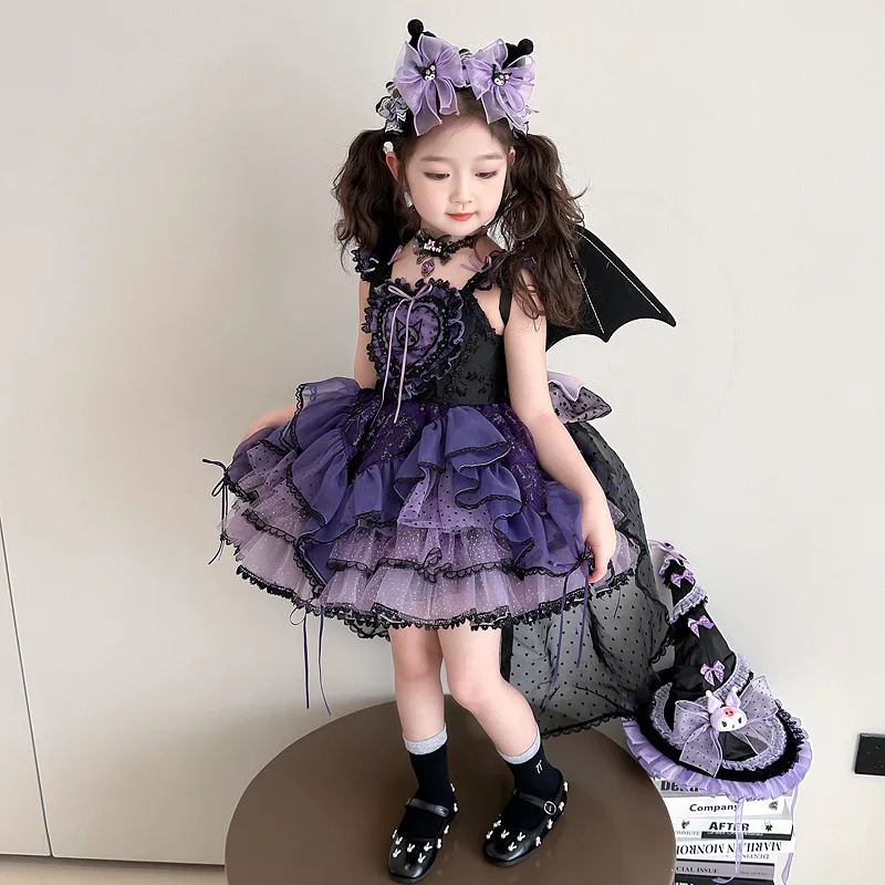 

Sanriou Kuromi Girls Lolita Dress Lace Party Dress for Kids Summer Ruffled Tutu Skirt Princess Costume Outfit for Birthday Gift