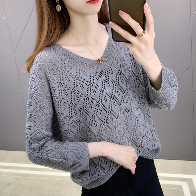 Three Quarter Sleeve V-neck Sweet Elegant Knitting Solid Casual Sweater Hollow Out Ladies Top Women Clothing Korean See-through