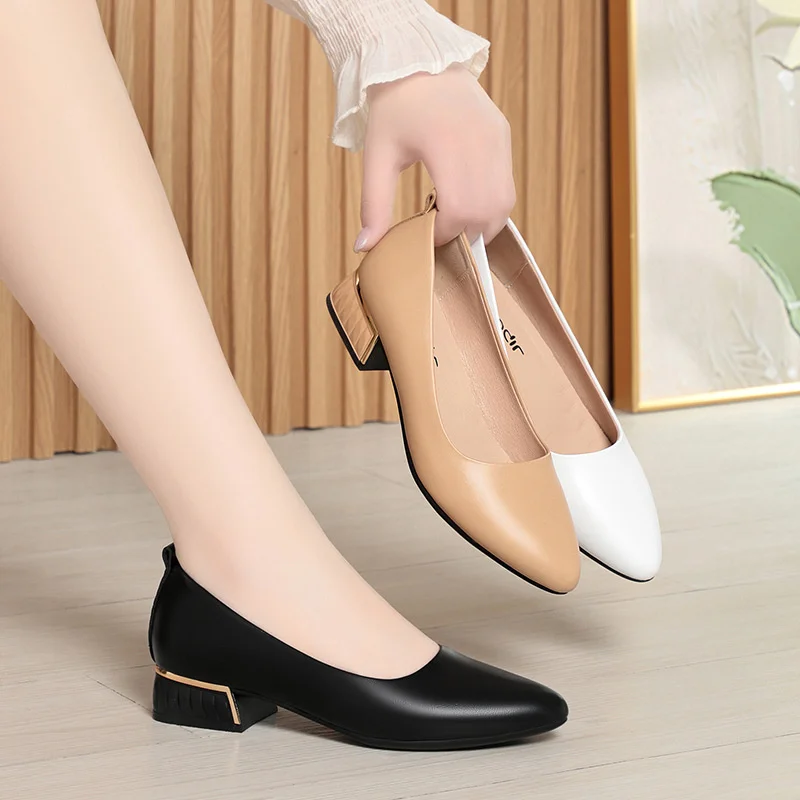 

Simple Soft Leather Thick Heel Single Shoes For Women In Summer New Pointed Toe Low Heel White Work Shoes Elegant Comfortable