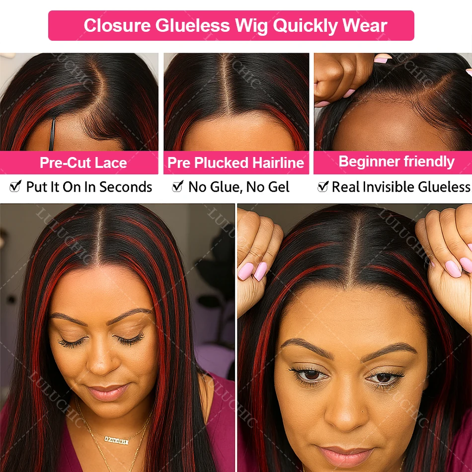 1B/99Jバーガンディ色の接着剤不要人毛ウィッグ、すぐに着用可能、赤色のハイライト入りオムバーブラックヘア、5x5クロージャー、ボーンストレートウィッグ、セール中