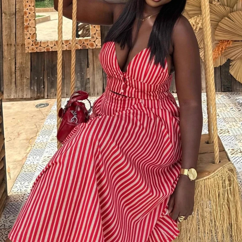 

Skirt Set Women Two Piece Sets Strapless Sleeveless Sling Short Tops Y2k Streetwear High Waist Long Skirts Striped Casual Beach