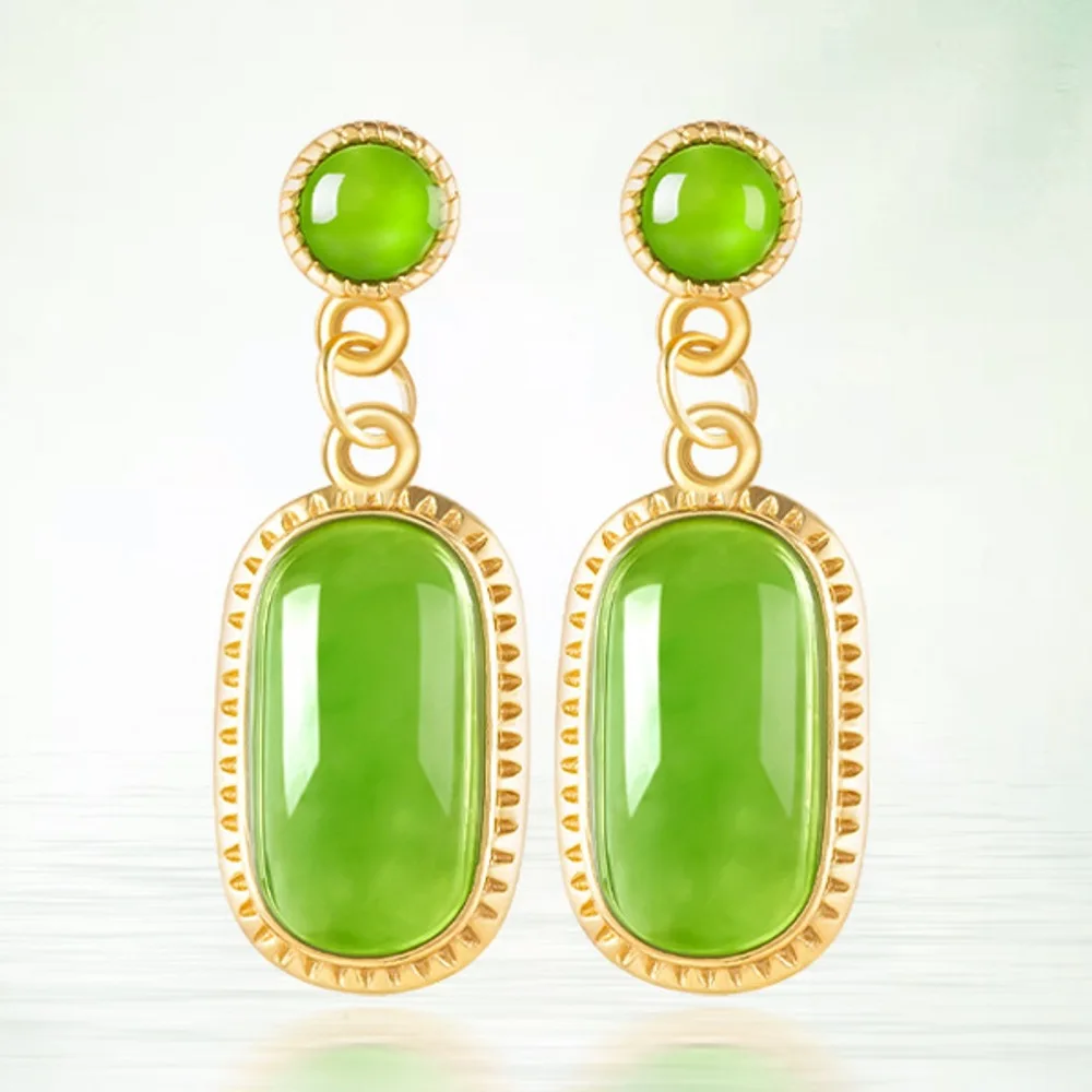 

Real Natural Jade Jasper 925 Sterling Silver Stud Women Green Oblong Dangle Earrings