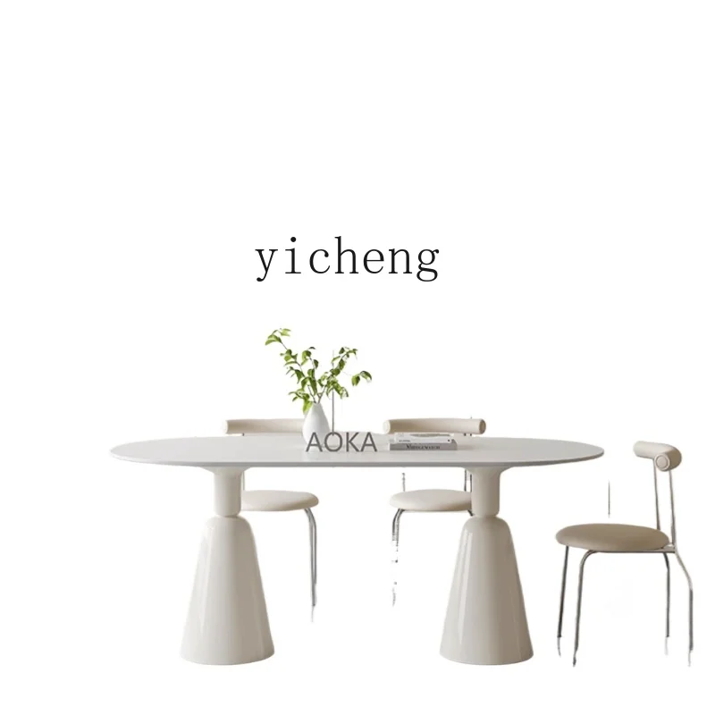 

ZK rock slab dining table and chairs French cream style household small apartment rectangular oval dining table home decor