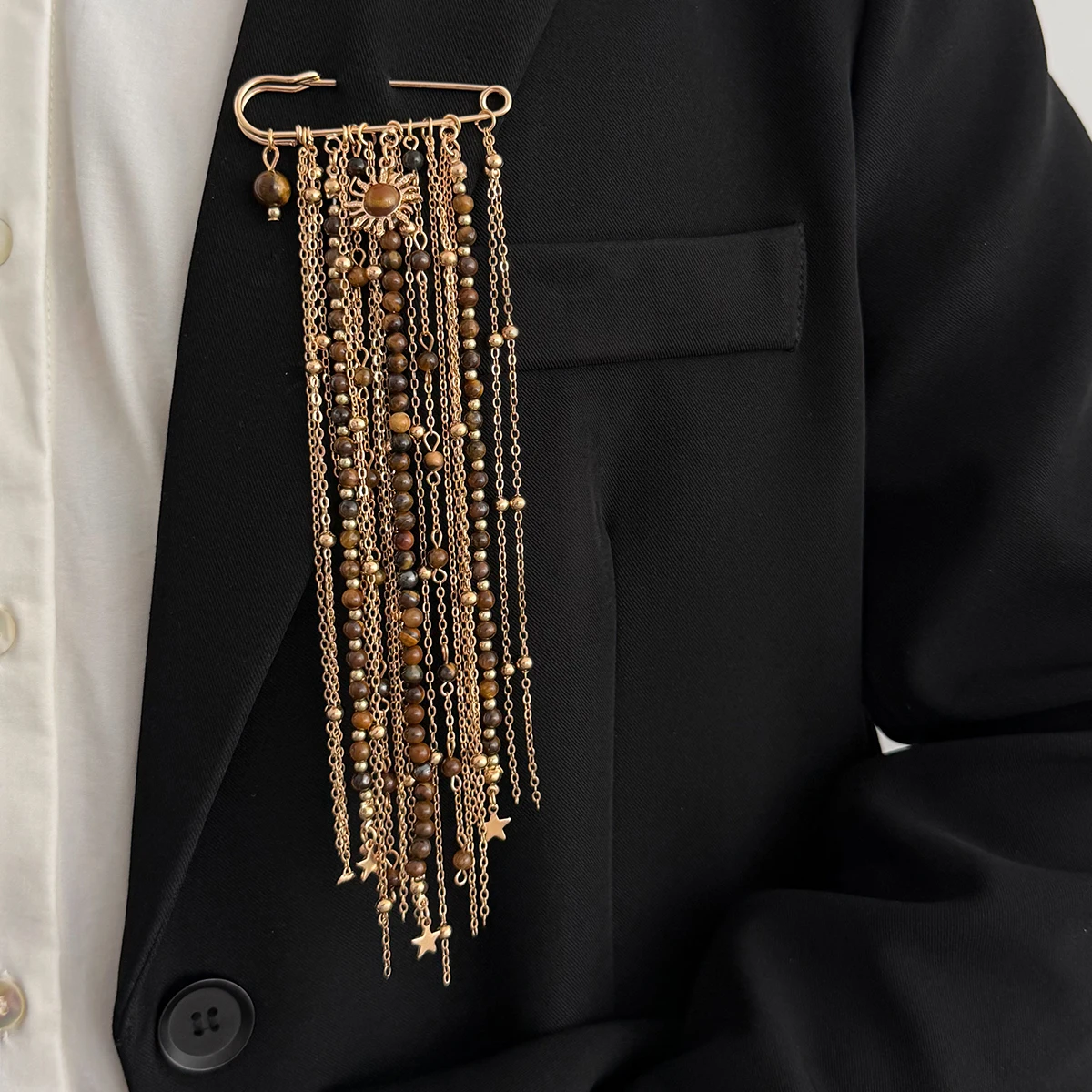 Salircon Trendy Unique CCB Beads Pendant Brooch Women Vintage Copper Bead Chain Tassel Clothes Shirt Pin New Jewelry Accessories