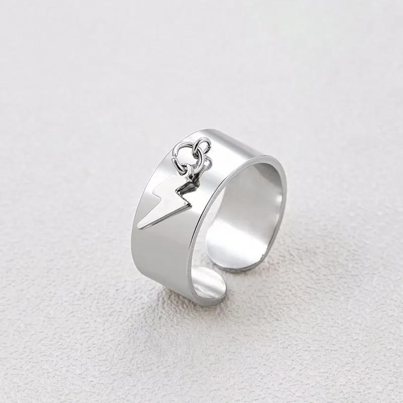 Hiphop Stainless Steel Thunder Lightning Charm Ring Wide Adjustable Rings For Men Women Jewelry