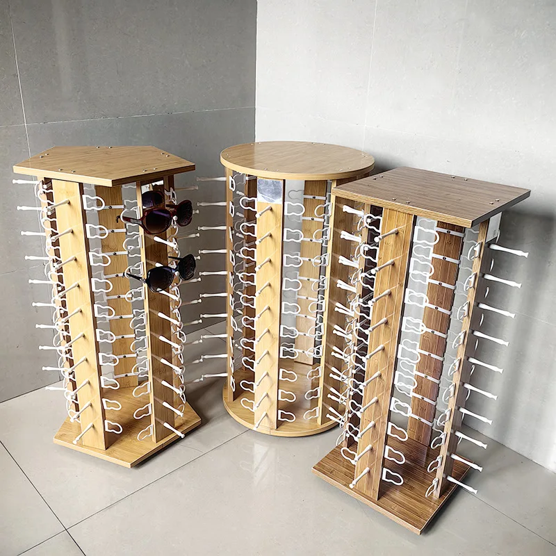 

New desktop bamboo and wood sunglasses shelf multi-layer rotating glasses frame display stand 40 pay 50 pay 60 pay wholesale