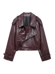 TRAF Faux PU Leather Rider Jacket For Women 2024 Vintage Long Sleeve Puffy Coats Autumn Fashion Female Street Outerwear