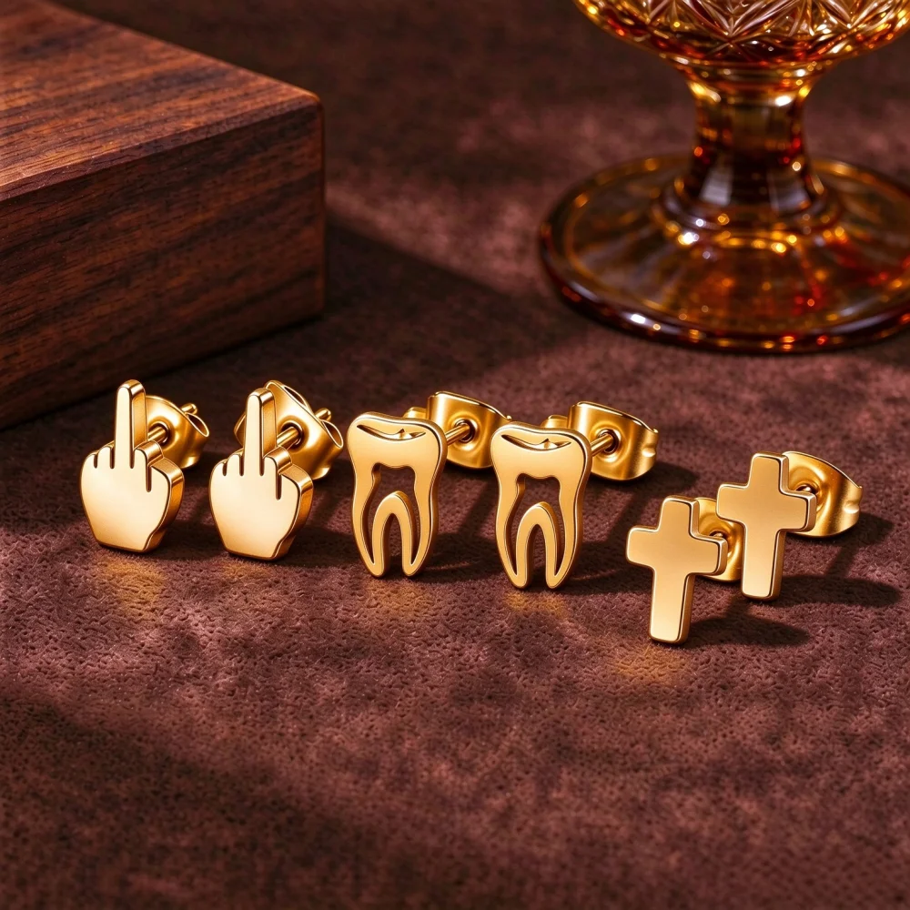 Quirky Unique Shape Metal Stud Earrings Set, Multi Pattern Combo Trendy Street Style Ear Jewelry
