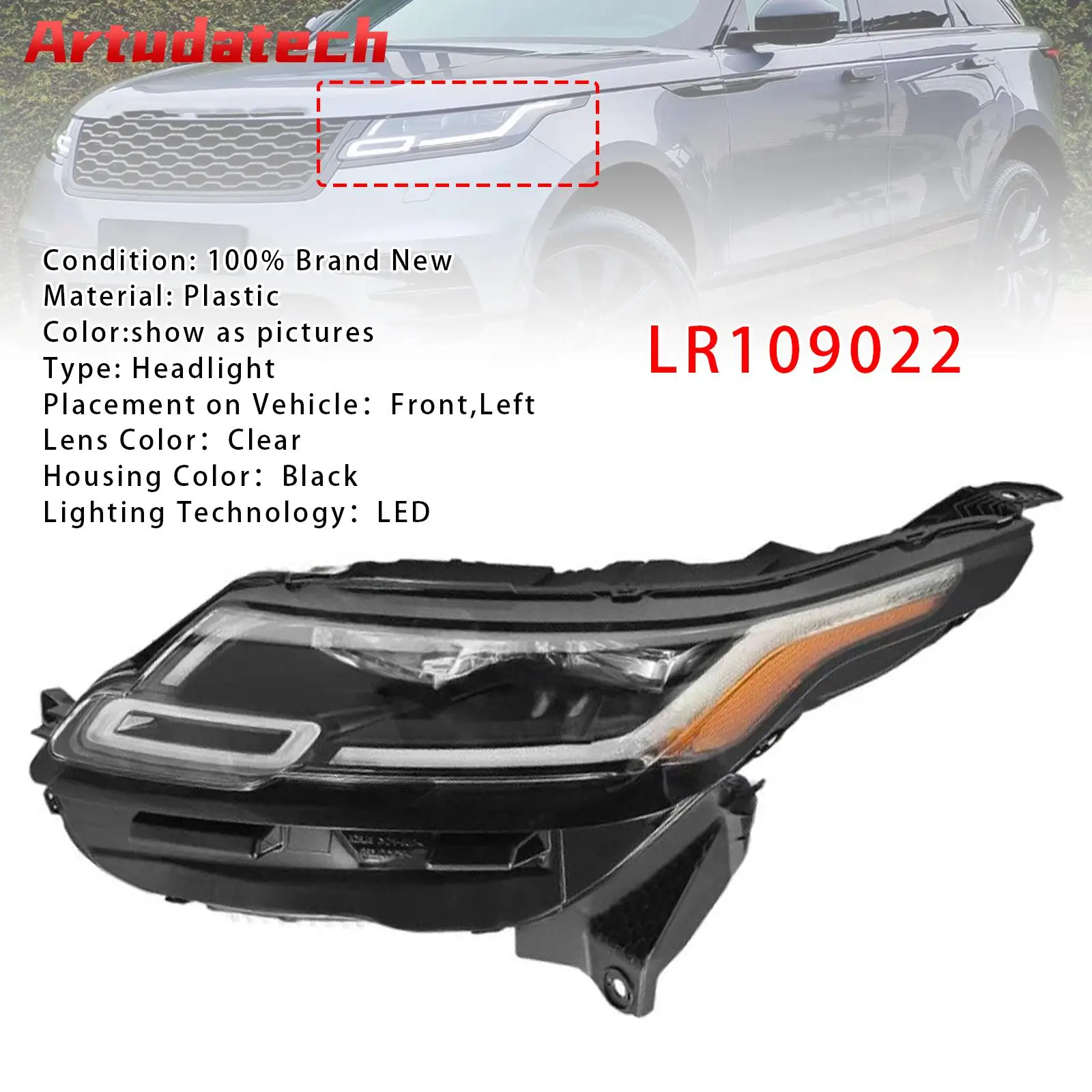 

Передняя левая светодиодная фара Artudatech LR109022 для Land Range Rover Velar 2018 2019 2020 2021 2022 2023, автомобильные аксессуары