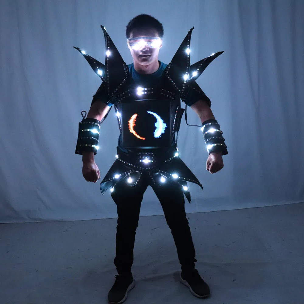 LED Robot Display Costumes Party Performance Wears Armor Suit Colorful Light Mirror Clothe Club Show Outfits Helmets Disco