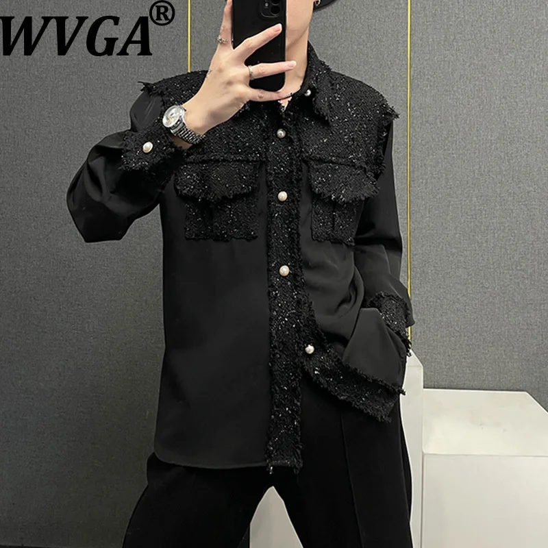 

WVGA Spring Autumn New Man Y2K High Street Splice Design Long Sleeve Shirts Niche Trendy Casual Turn-Down Collar Shirt Ins W8828