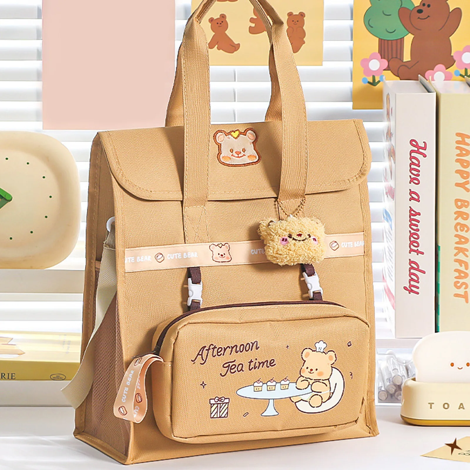 Cute Bear Backpack with Detachable Strap Multi-Functional Large Capacity Student Bag School Supplies Organizer for Kids Teens