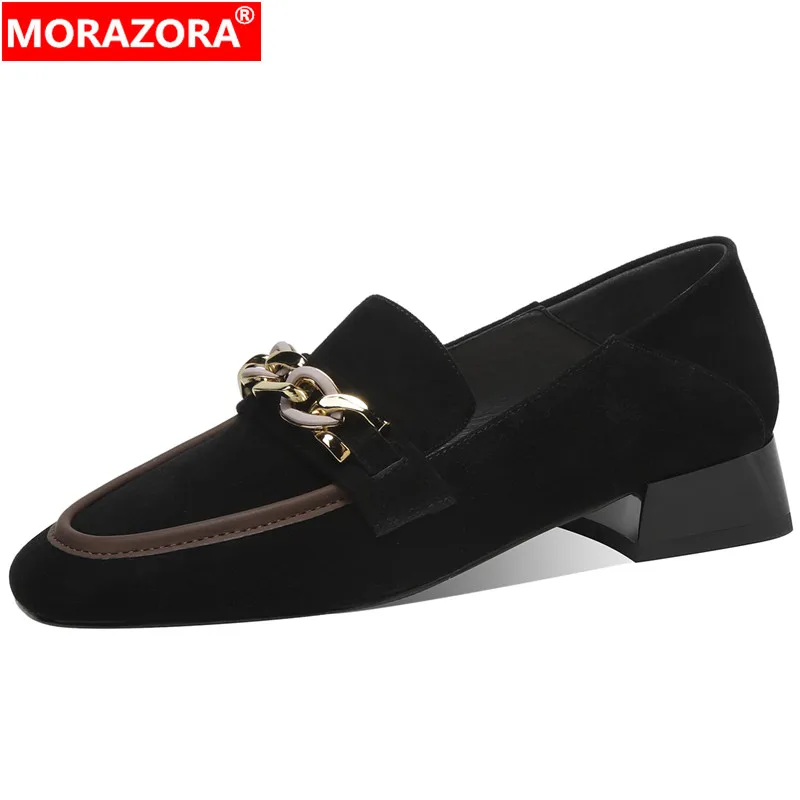 

MORAZORA 2024 New Size 34-42 Loafers Kid Suede Shoes Woman Slip On Square Med Heels Pumps Ladies Mixed Colors Dress Shoes